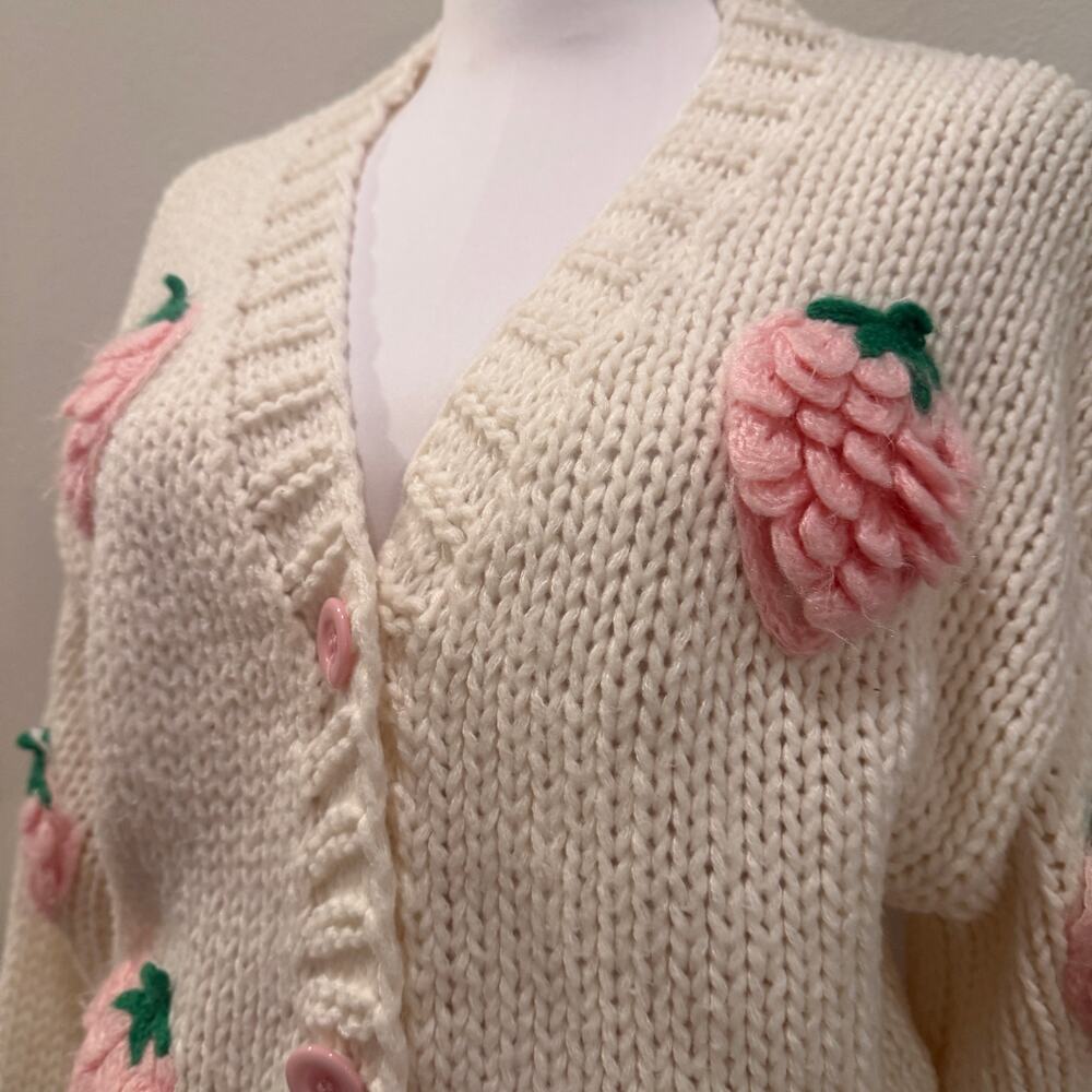 3D Strawberry Applique Chunky Knit Cardigan Cottagecore Coquette Kawaii Sweater - Picture 4 of 10